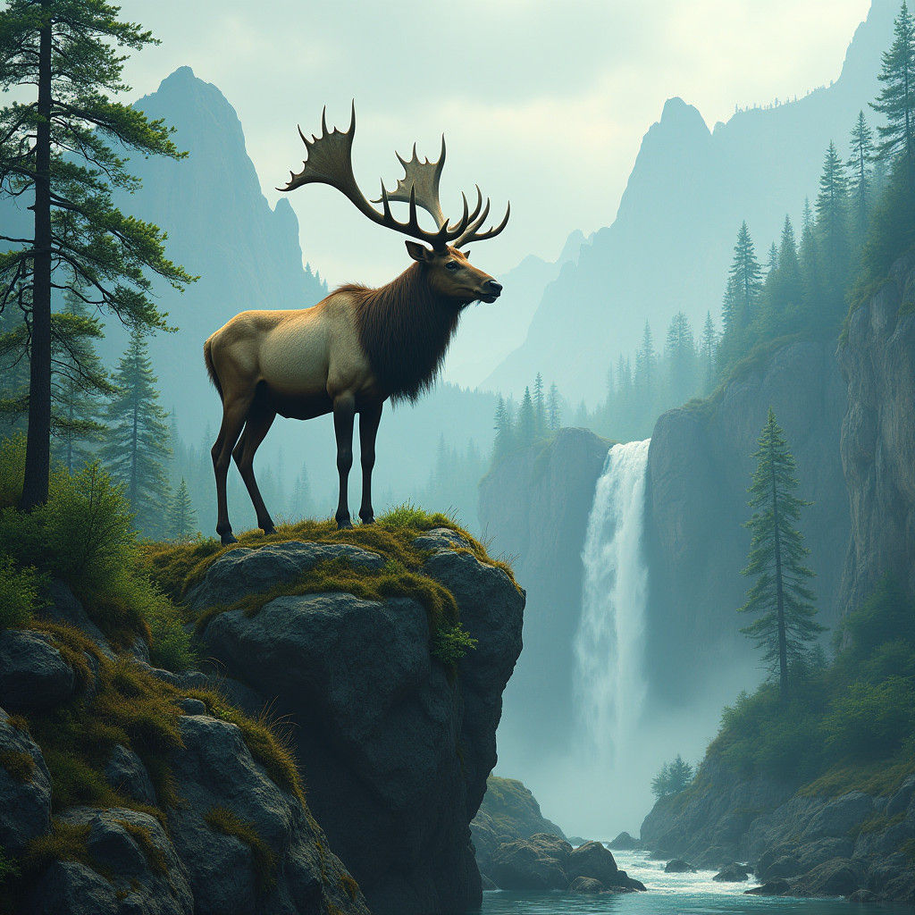 Majestic Elk Overlooking Misty Mountains in Matte Painting S...