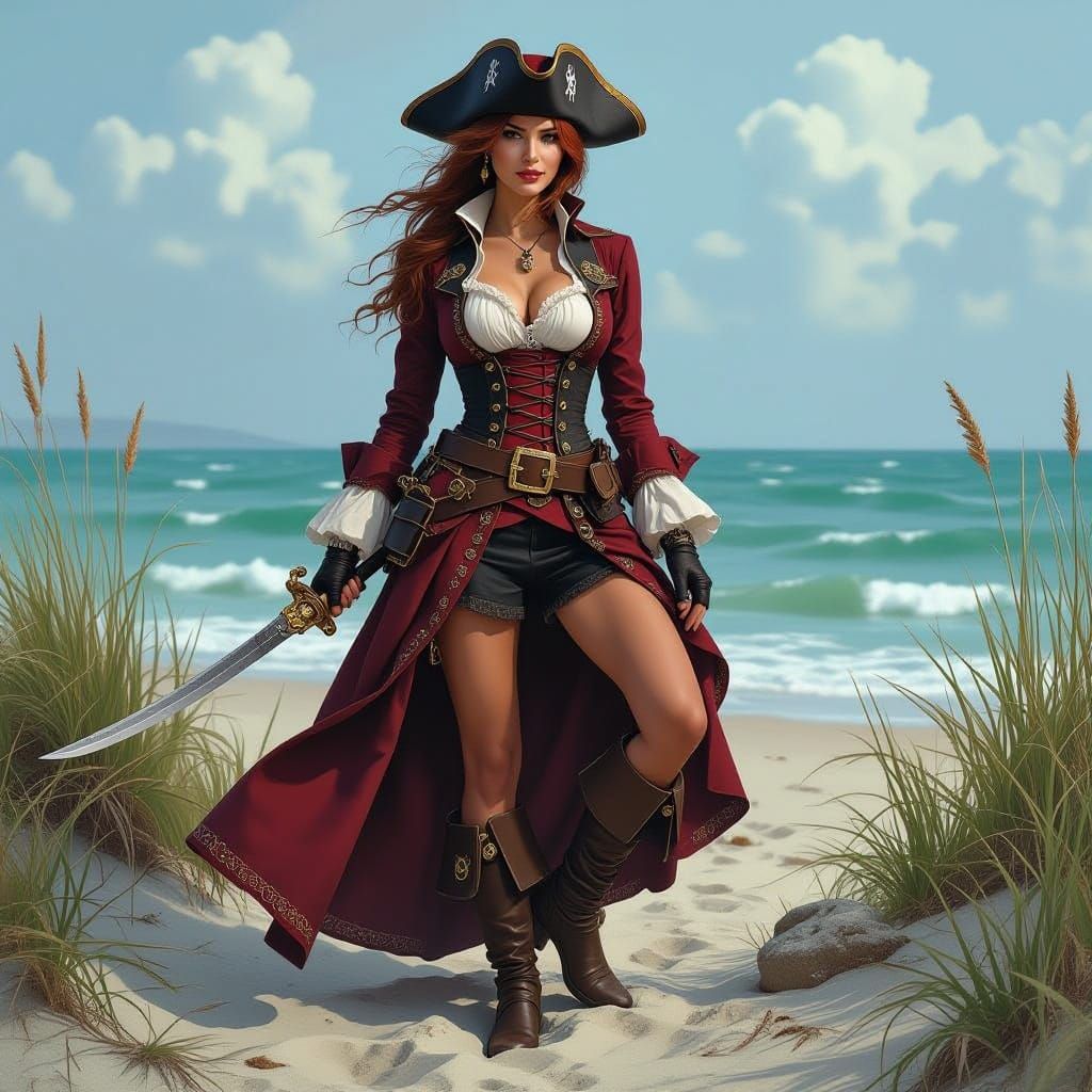 Steampunk Pirate Woman on Rocky Shore at Sunset