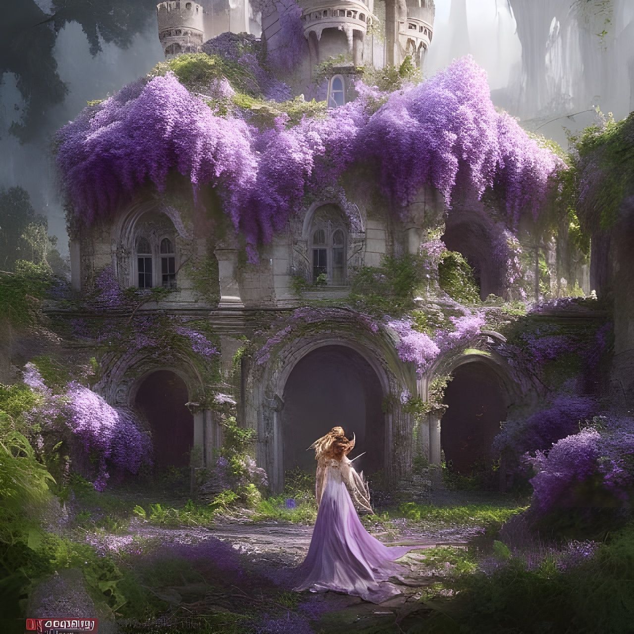 Romantic Lilac Castle Ruins: Hyperrealistic Matte Painting