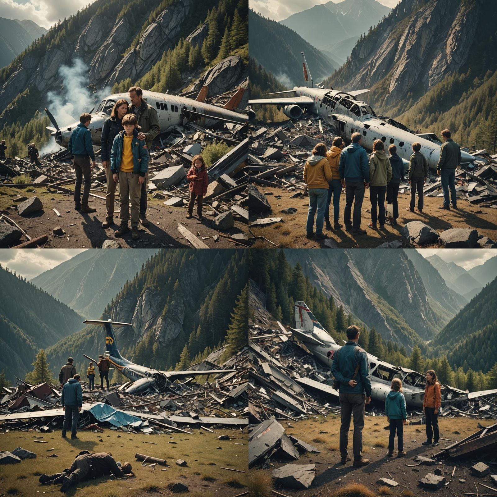 Sorrowful Family After Plane Crash: Cinematic Film Still