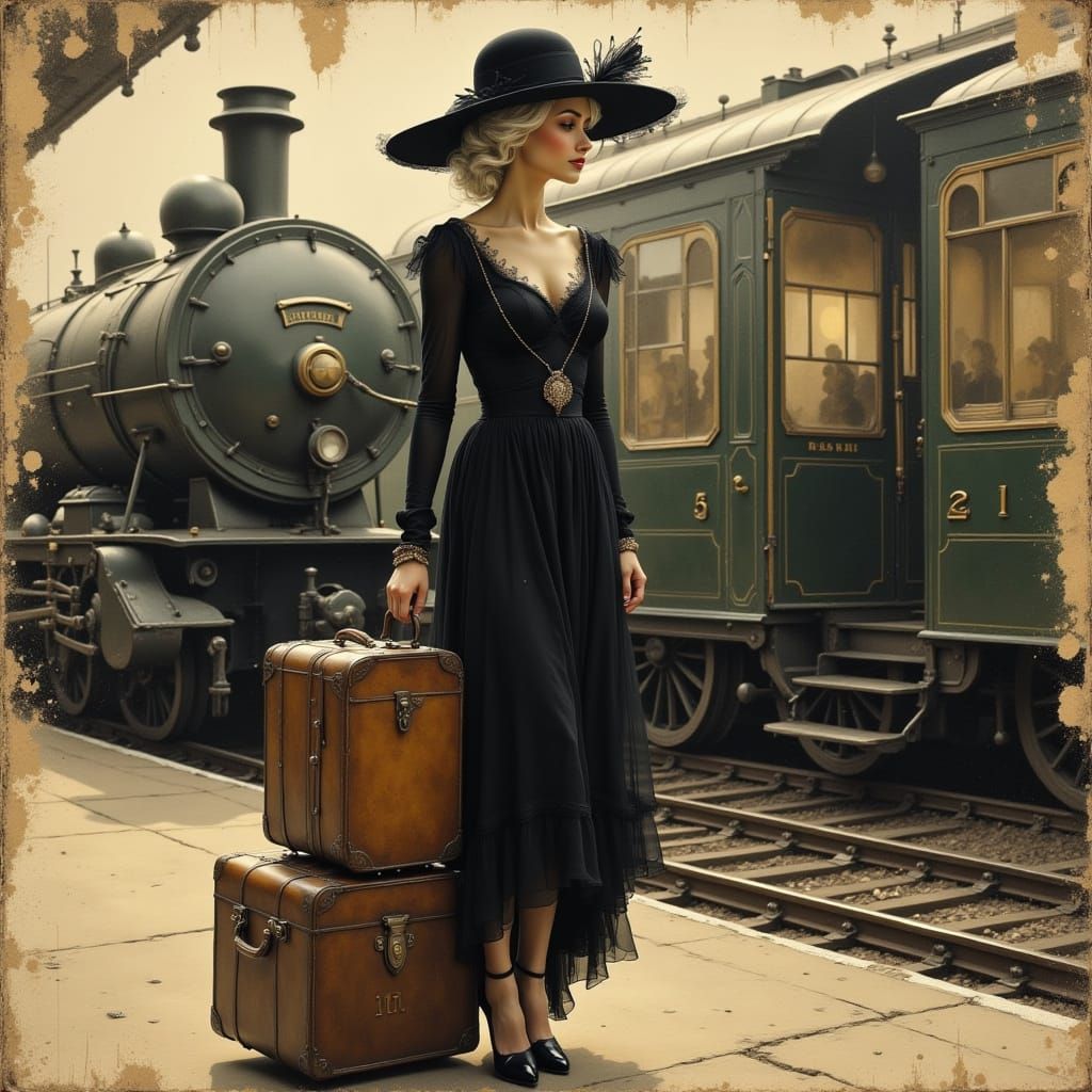 1920s Woman Awaits Train as Textured Collage