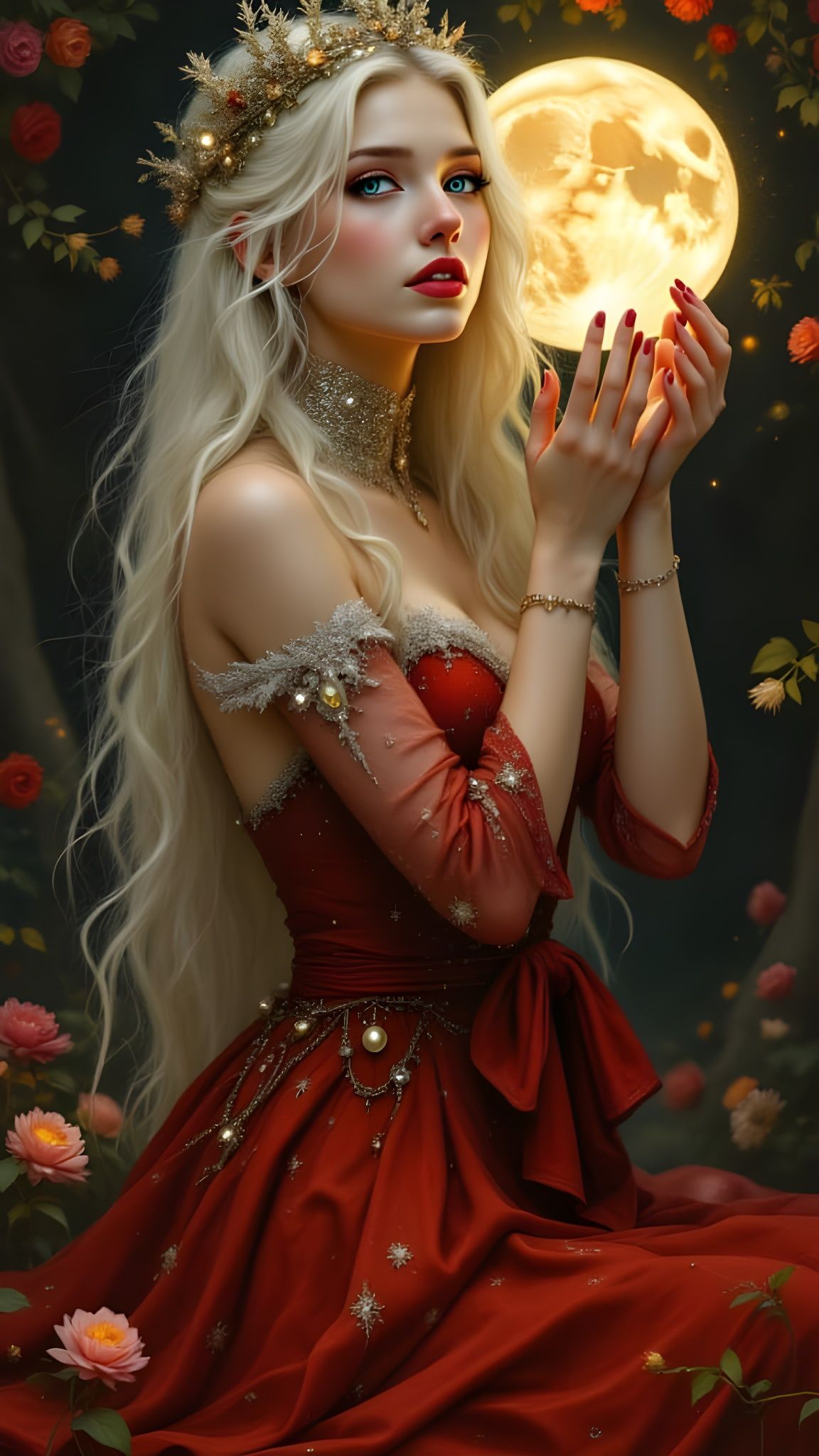 Pre-Raphaelite Woman Holding Moon in Lace Gown