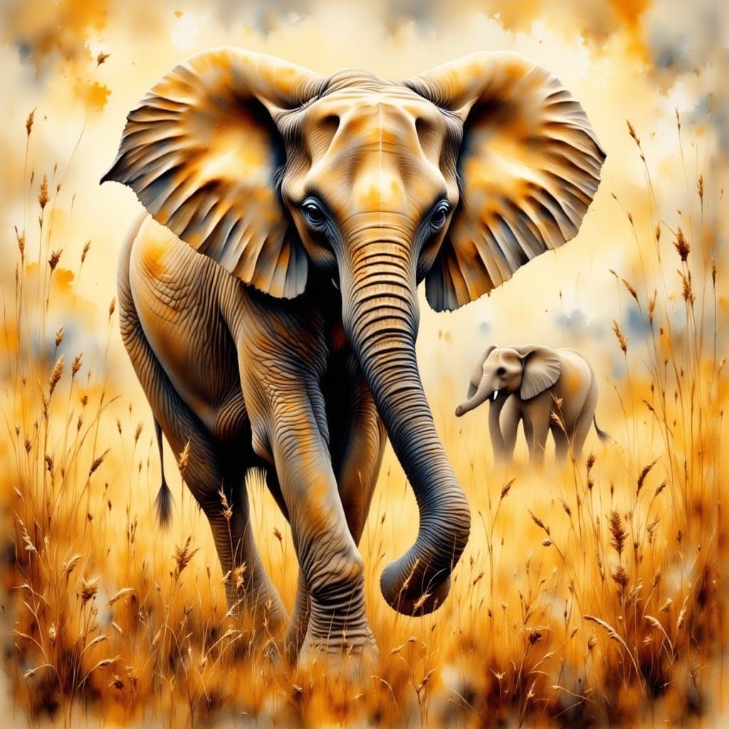 Elephants in Golden Savanna, Impasto Style