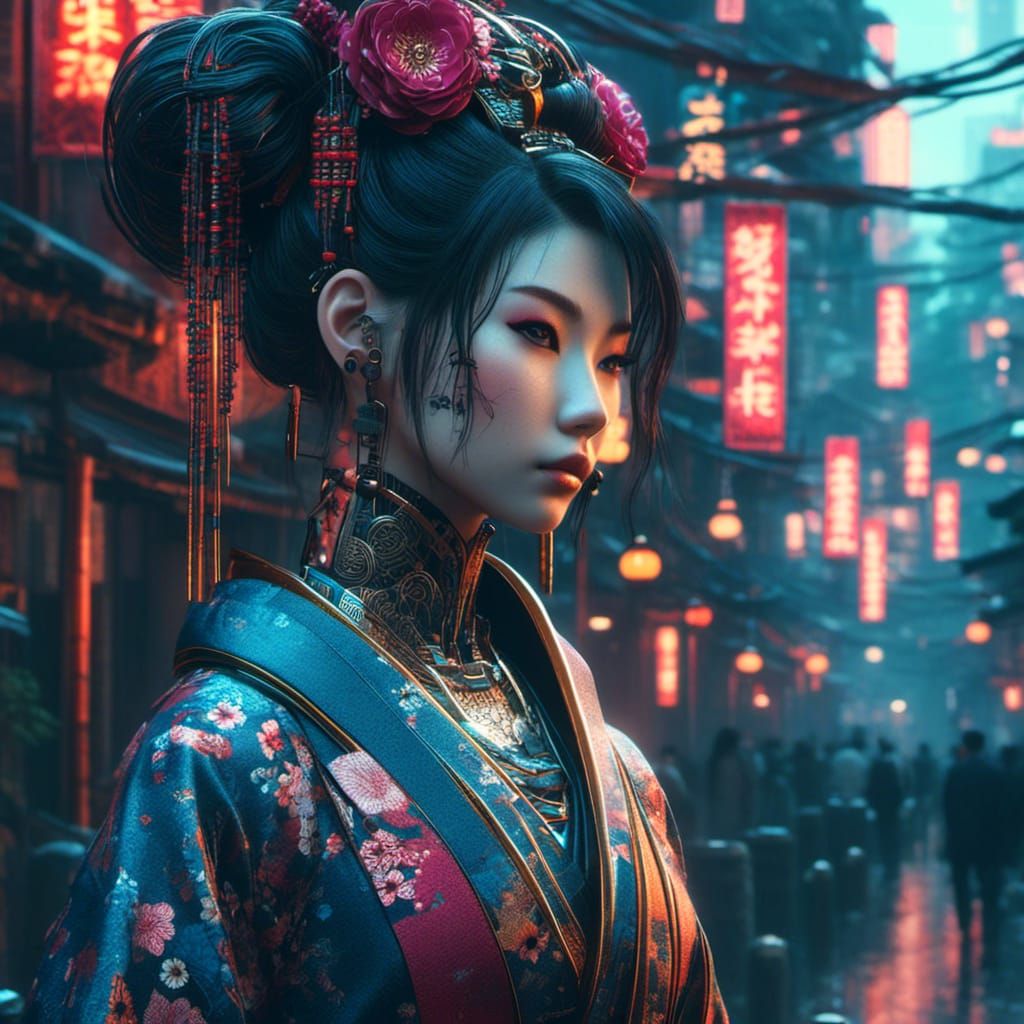 Cyber Geisha in Futuristic Japanese Village