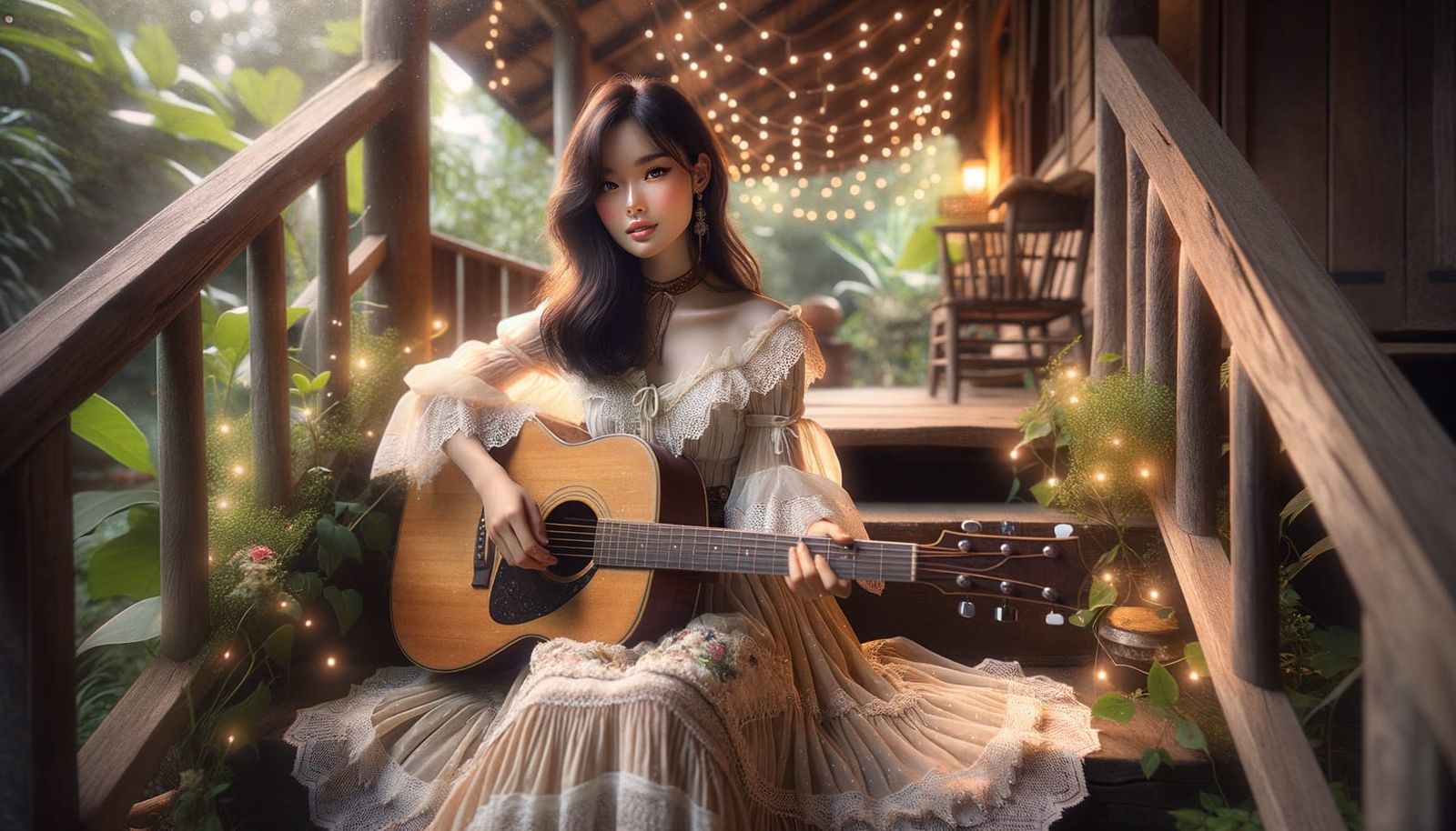 Asian Woman with Guitar on Porch with Fairy Lights
