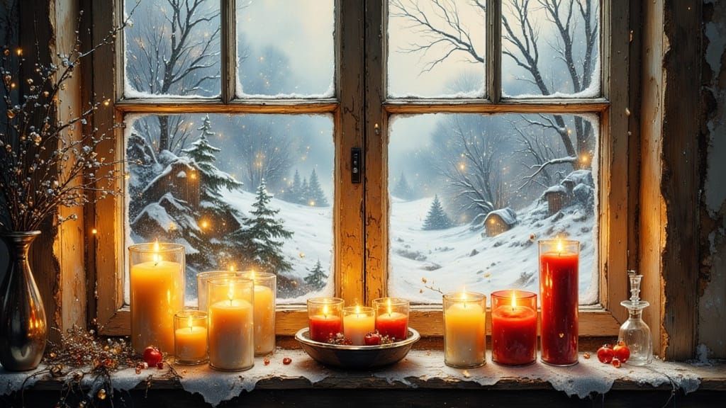 Cozy Candles in Snowstorm, Oil and Ink Style