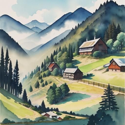 Mountain Village Watercolor Painting in Ink Style
