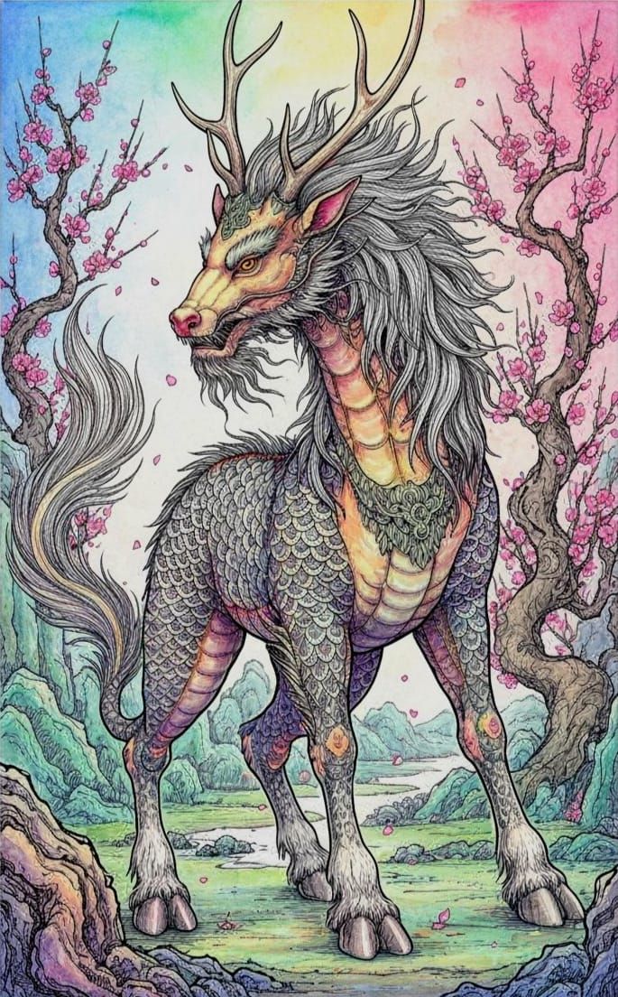Majestic Kirin Creature in Fantasy Landscape