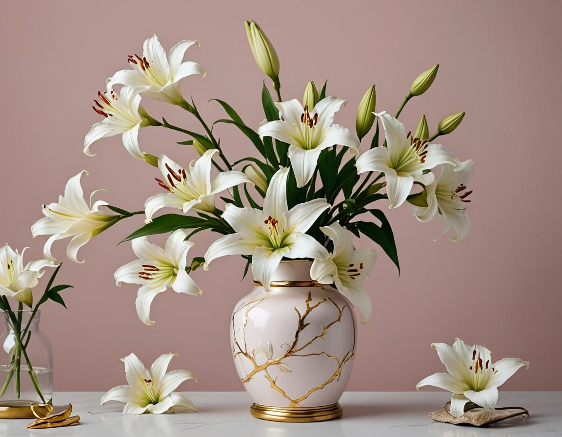 White Lilies in Kintsugi Jar Still Life