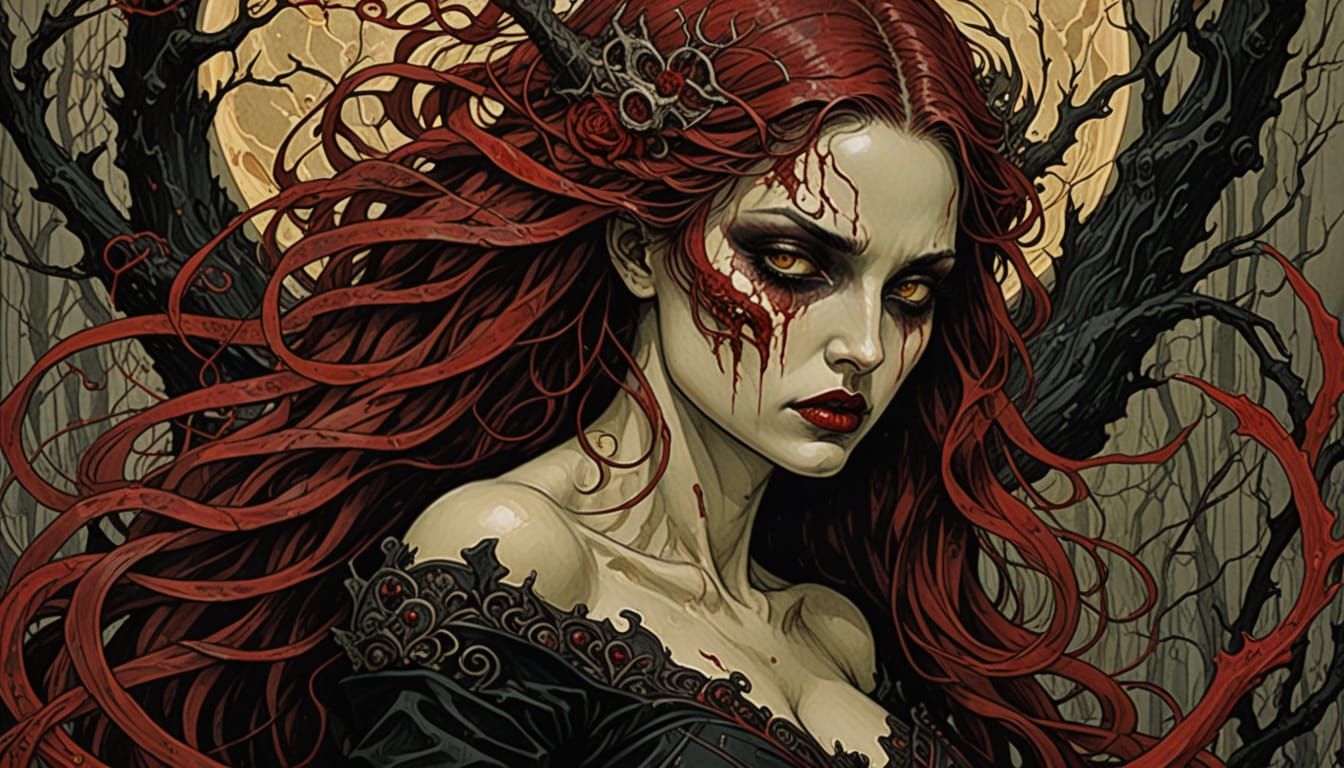 Film Noir Woman with Crimson Energy in Dark Style