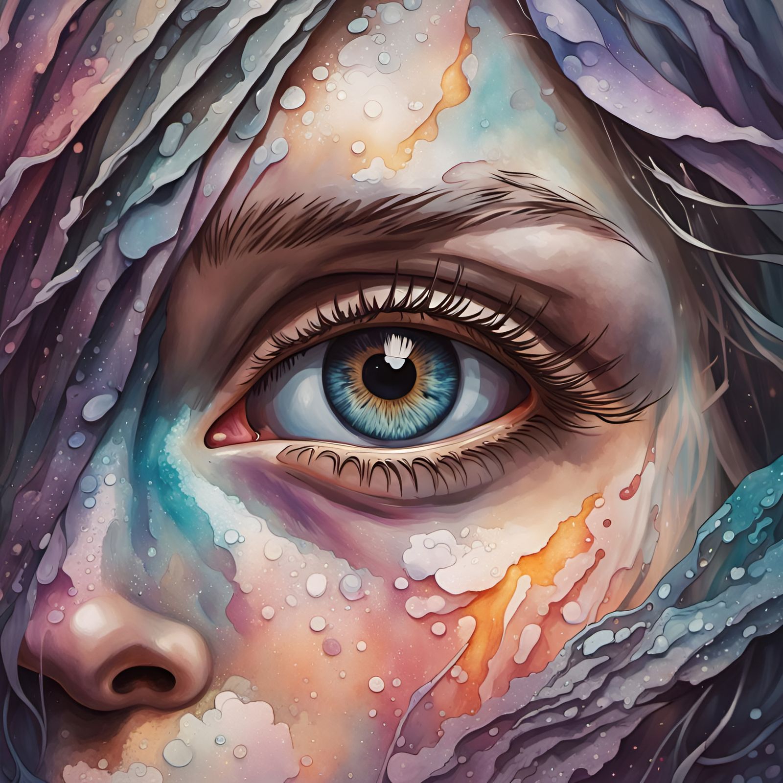 Disembodied Eye Portrait in Ink Wash Style