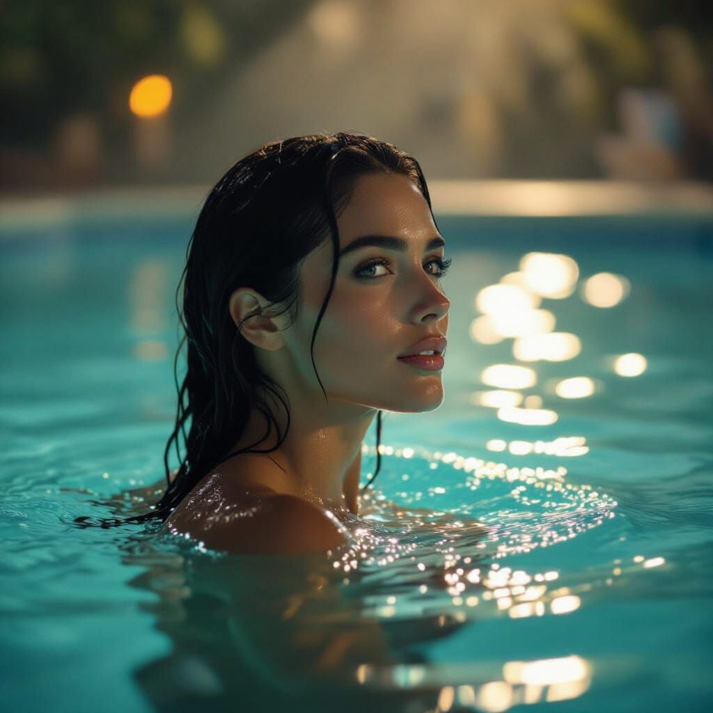 Woman in Swimming Pool: Cinematic Film Still