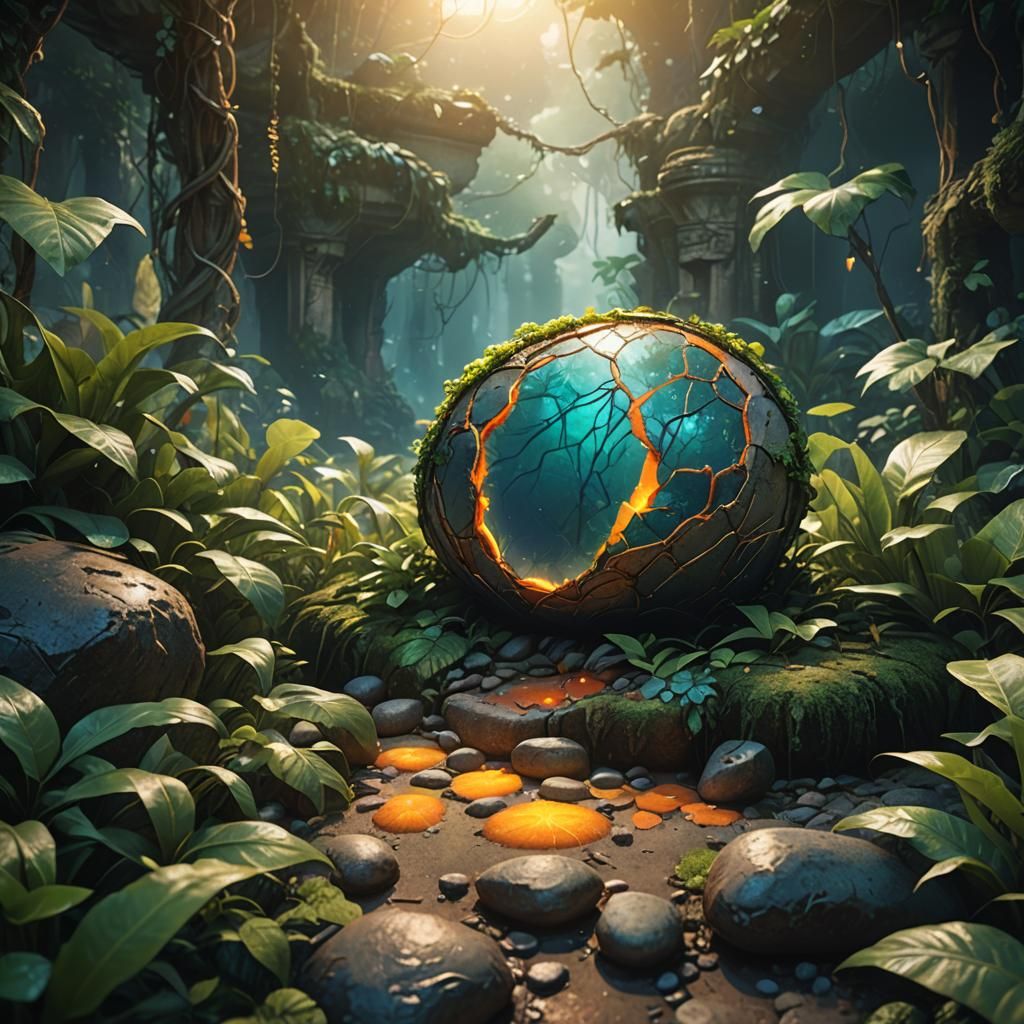 Glowing Pebble in Jungle Ruins: Fantastical Concept Art