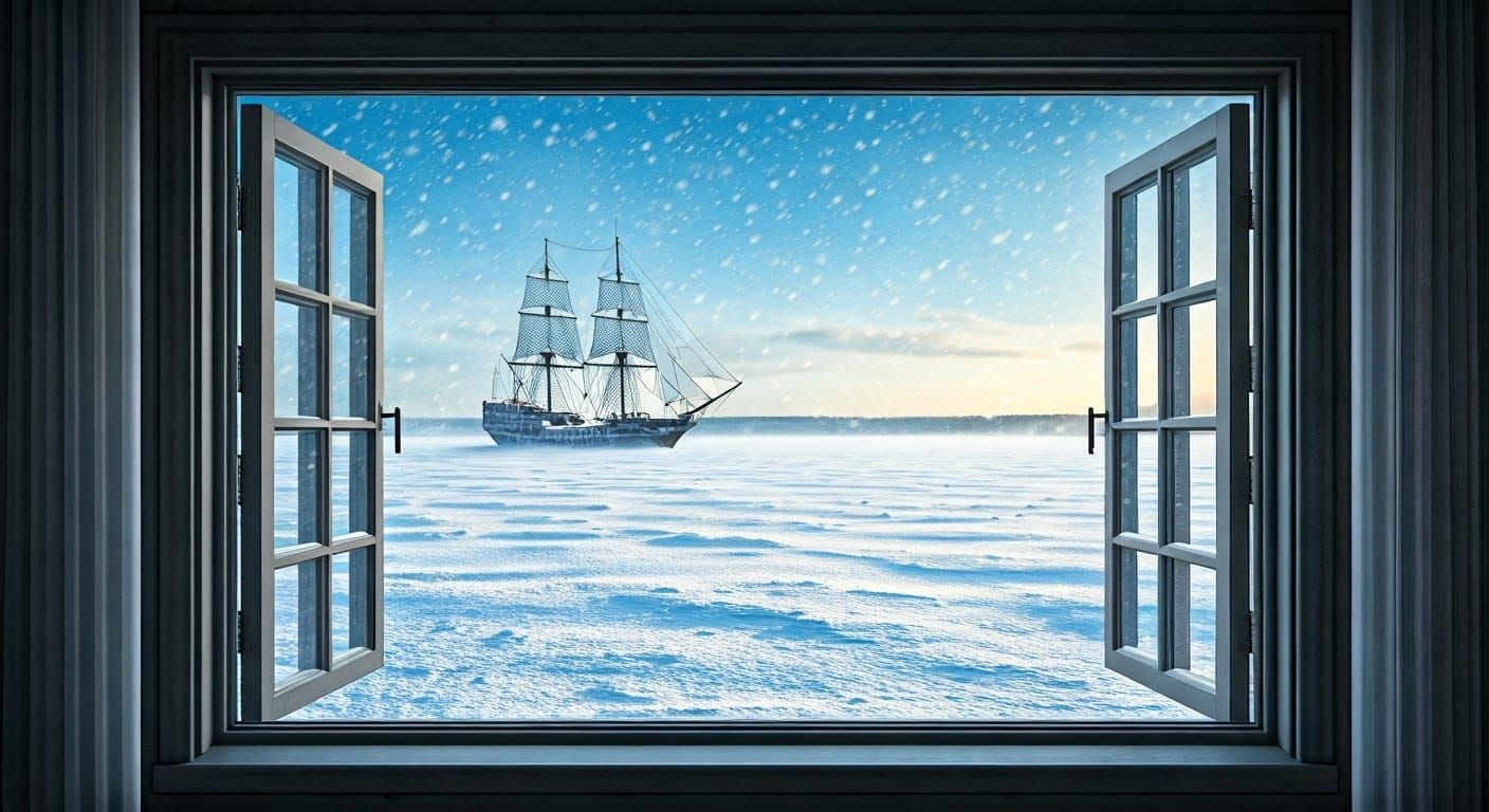 Frozen Winter Scene with Pirate Ship in Blizzard