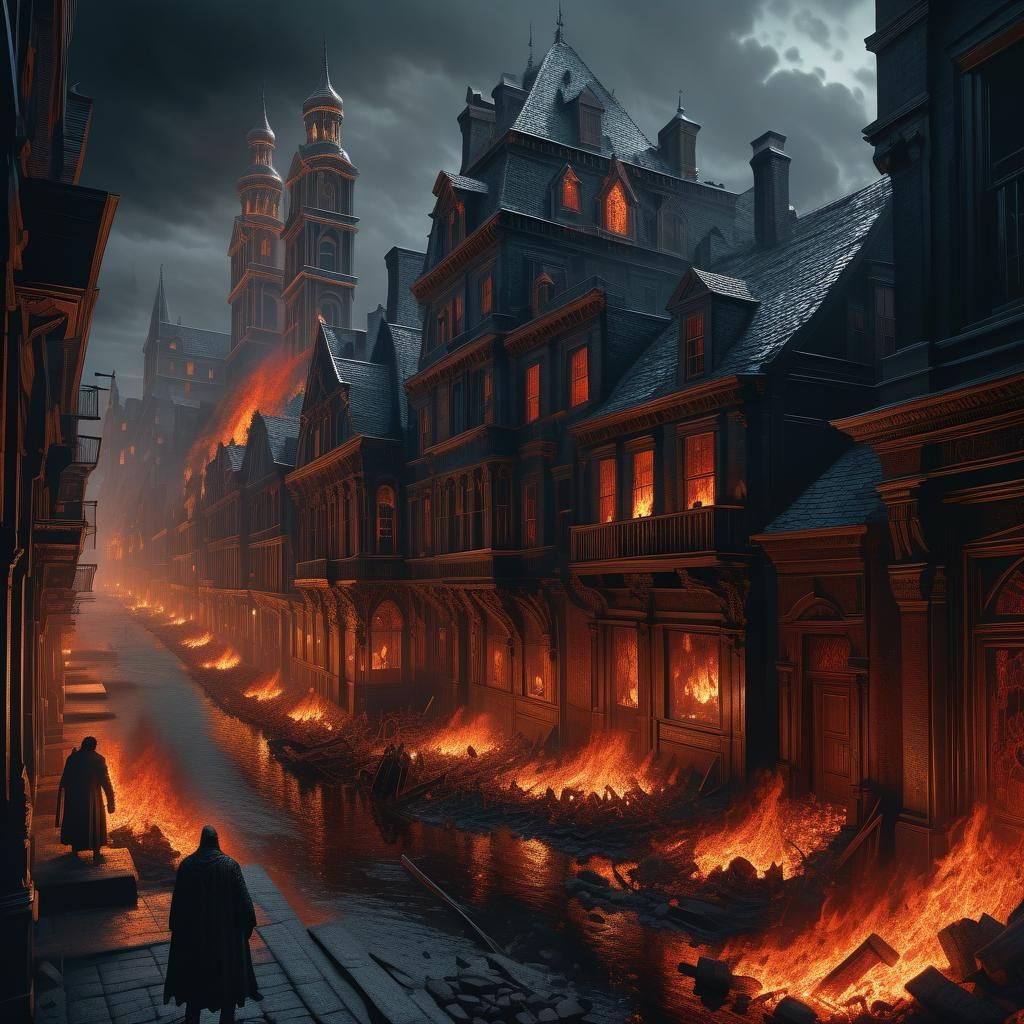 Burning City: Hyperrealistic Dark Fantasy Masterpiece