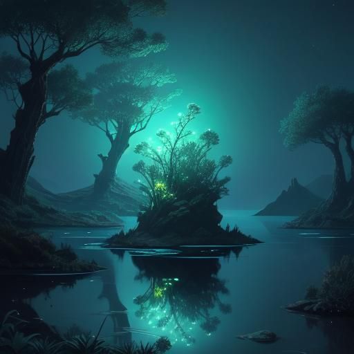 Alien Lake Reflecting Multiple Moons