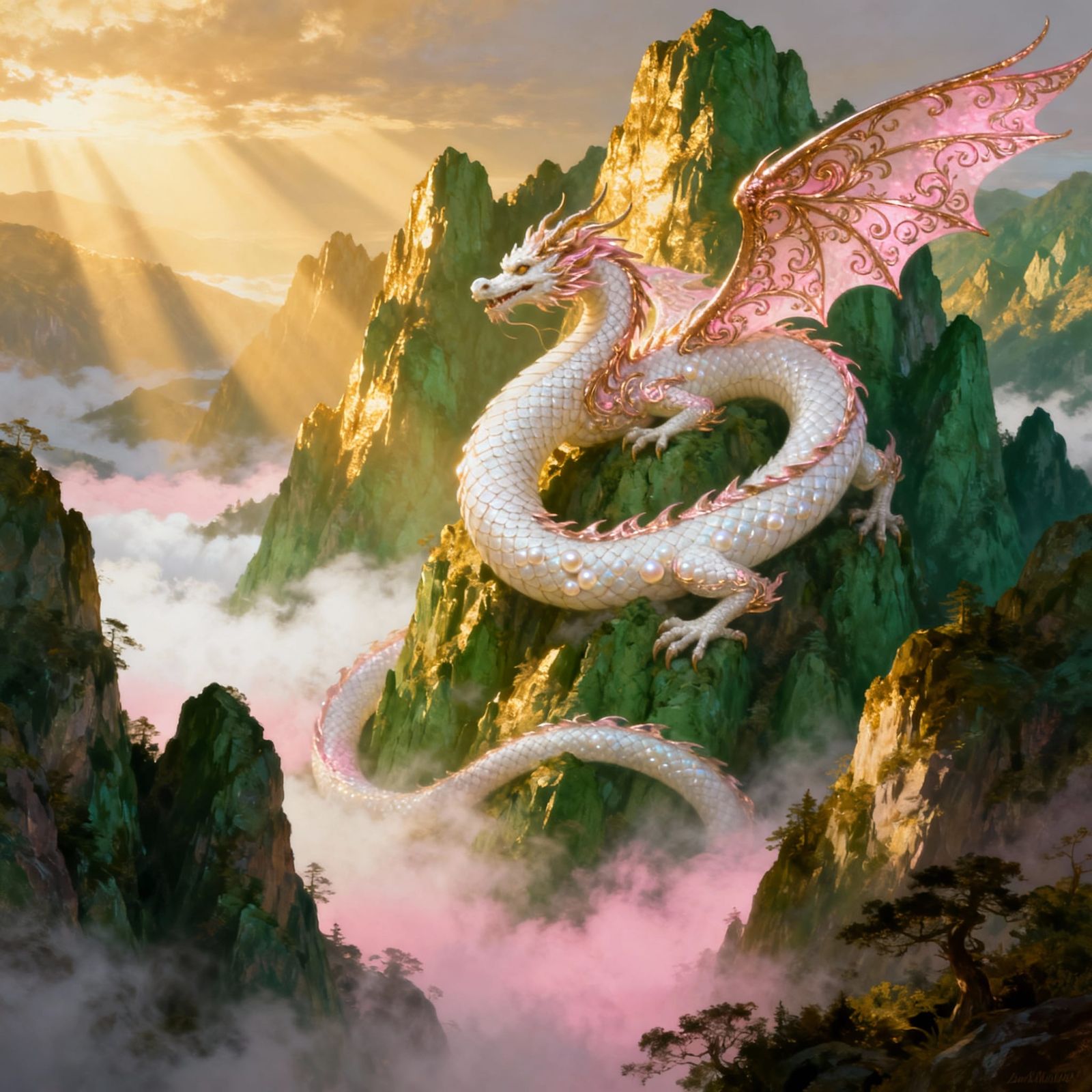 Serpentine Dragon Soars Over Sunlit Emerald Mountains
