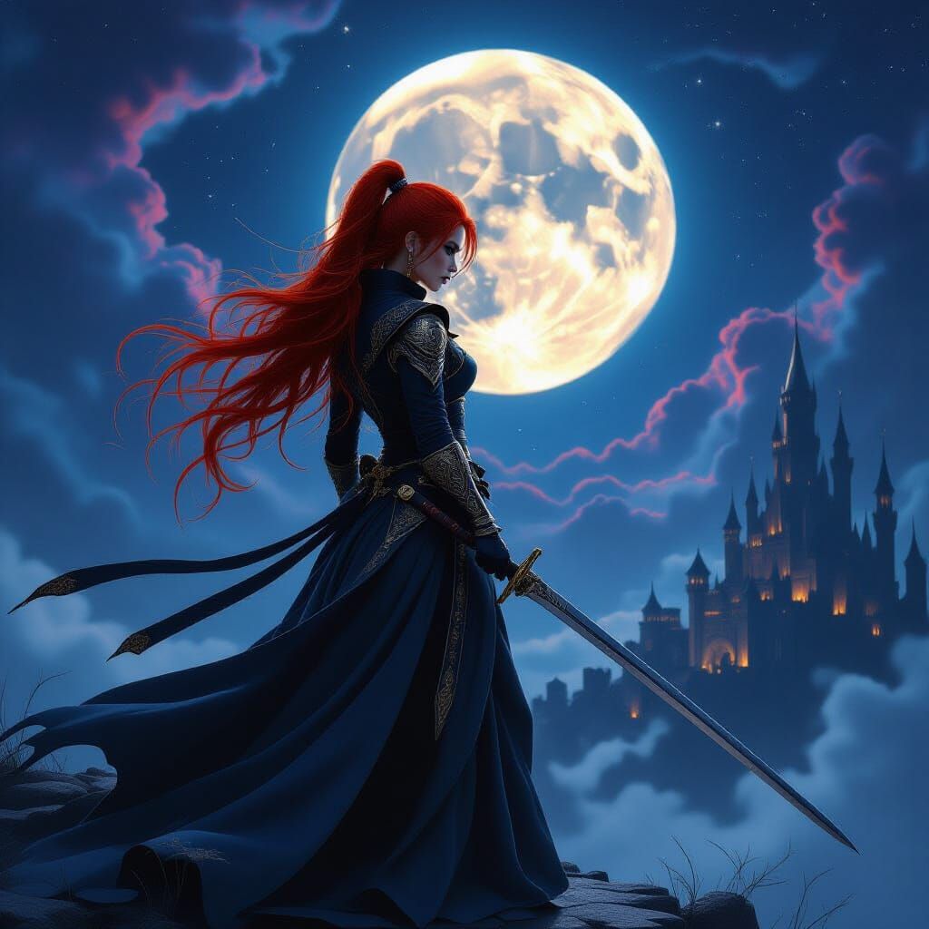 Regal Ninja Draws Sword Under Eerie Moonlit Nebula