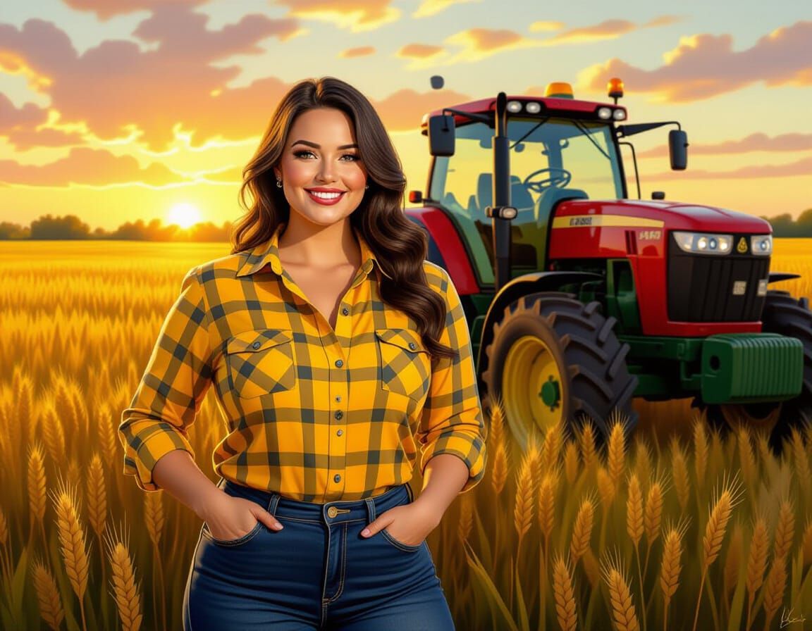 Curvy Woman in Plaid Shirt Near Tractor