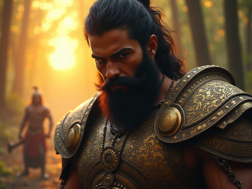 Hyperrealistic Bhishma Portrait in Hindu Futurist Style