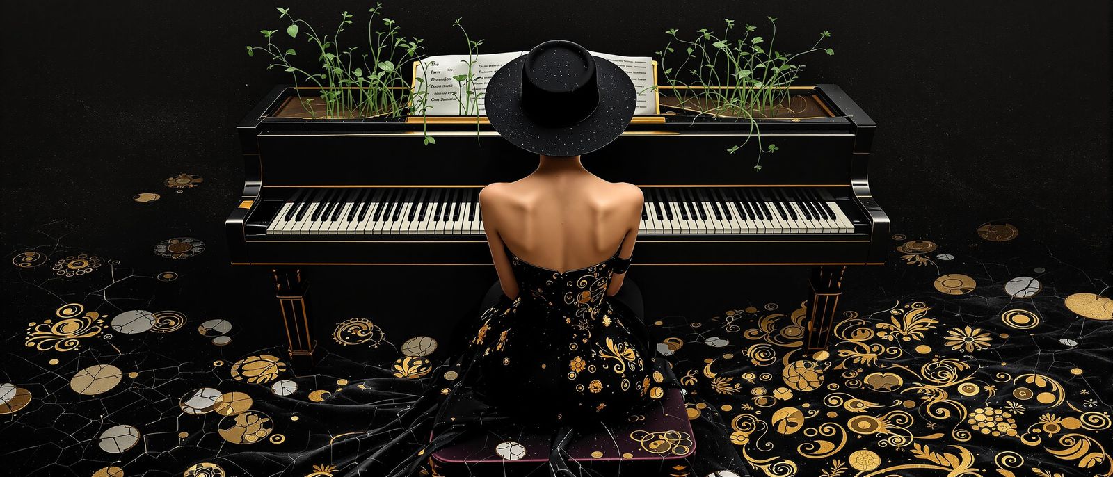 Woman in Black Hat Plays Piano with Growing Sprouts