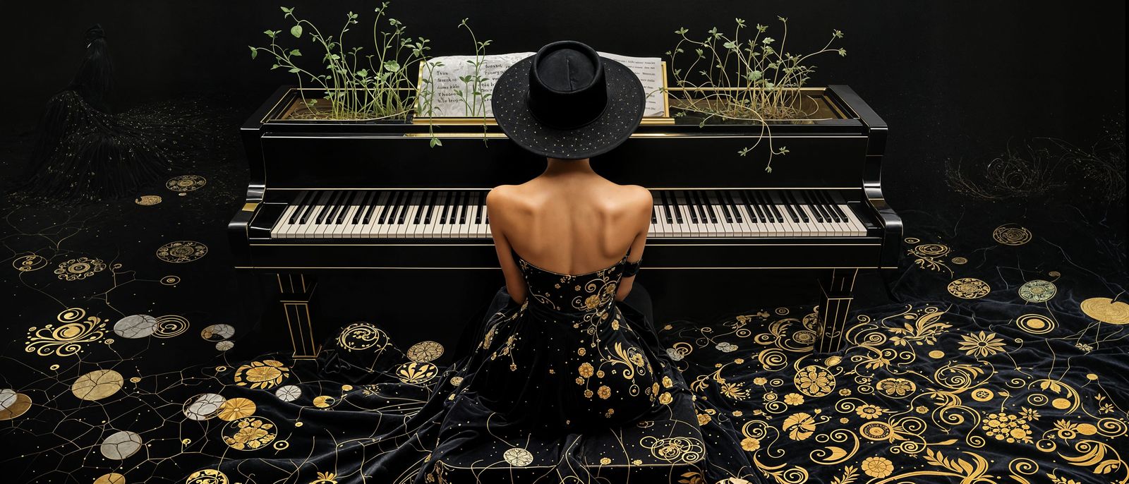 Woman in Black Hat Plays Piano with Growing Sprouts