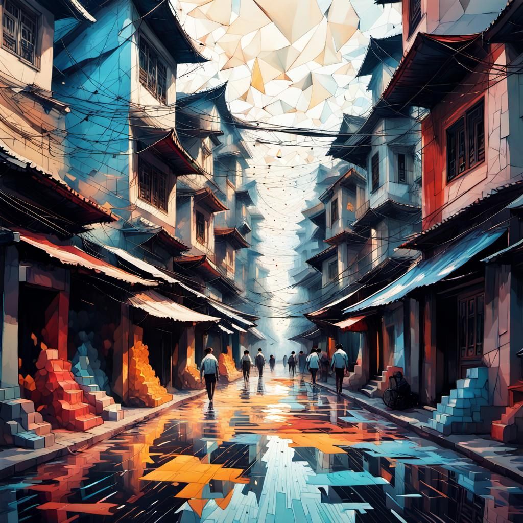 Hanoi Streets: Abstract Impasto Fractal Art