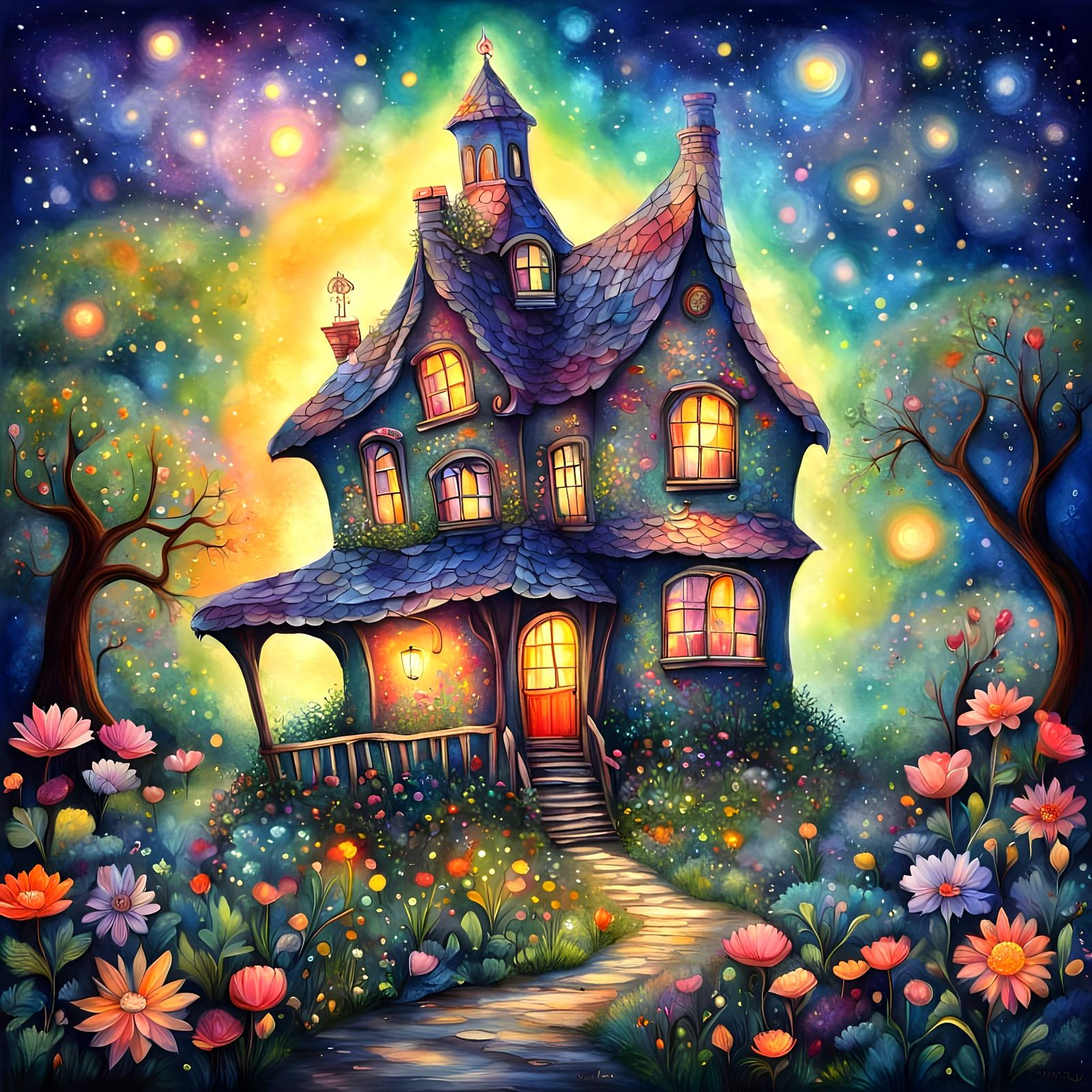 Whimsical House Blooms with Cosmic Sparkles