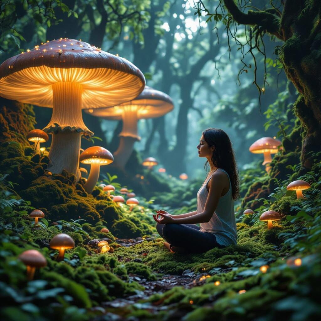 Woman Meditating Amidst Giant Bioluminescent Mushrooms