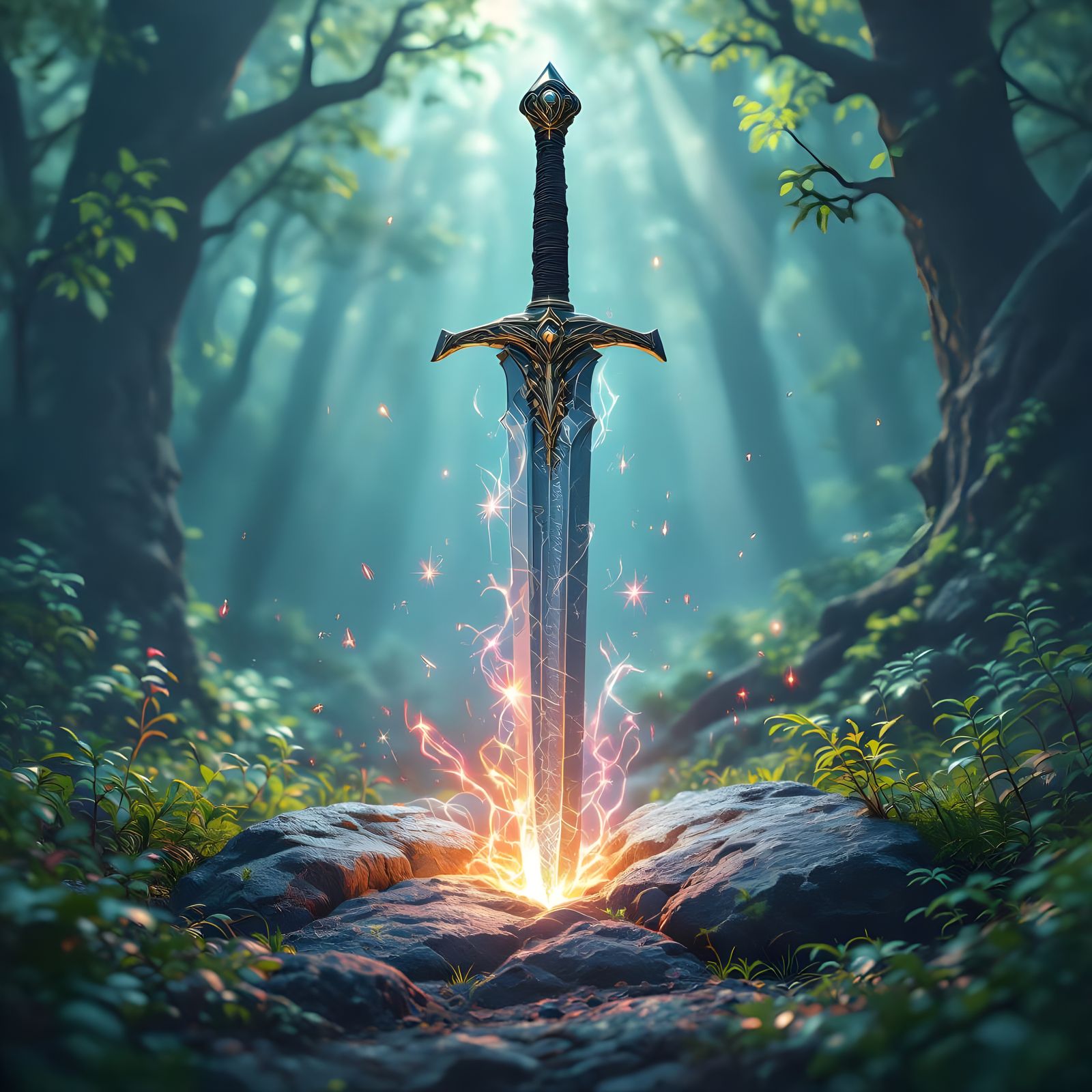 Excalibur Sword in Stone, Hyperrealistic Magical Forest