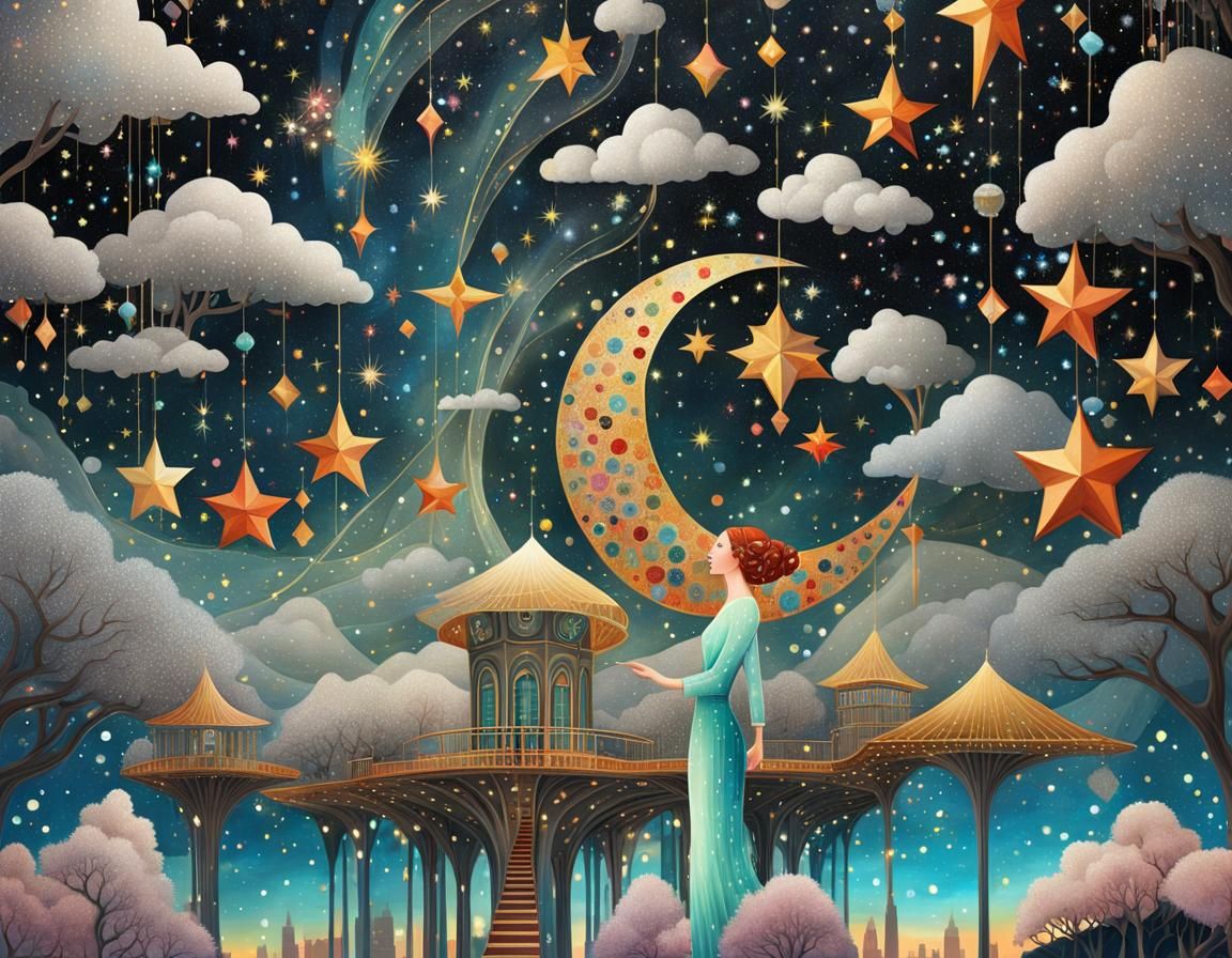 Starry Galaxy Collage with Woman and Architecture