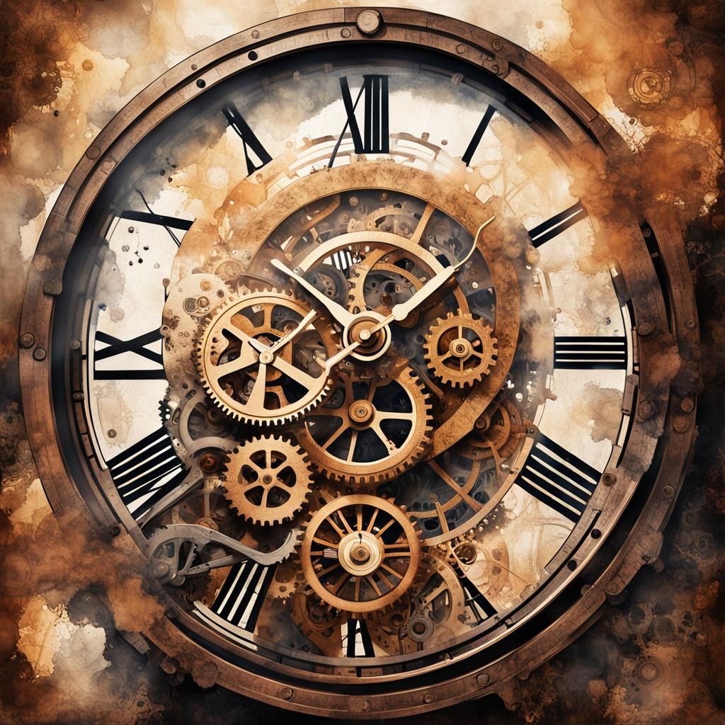 Steampunk Clockwork Gears in Ink Painting Style