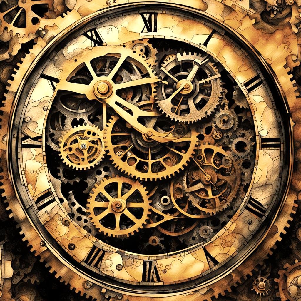 Steampunk Clockwork Gears in Ink Painting Style