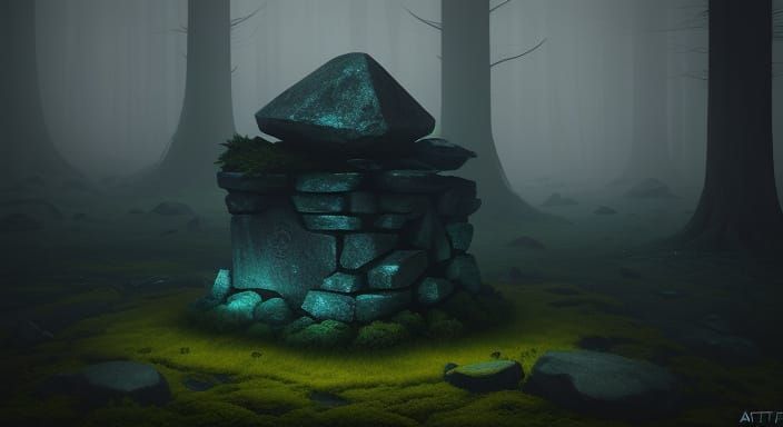 Mysterious Stone with Glowing Glyphs in Dark Forest
