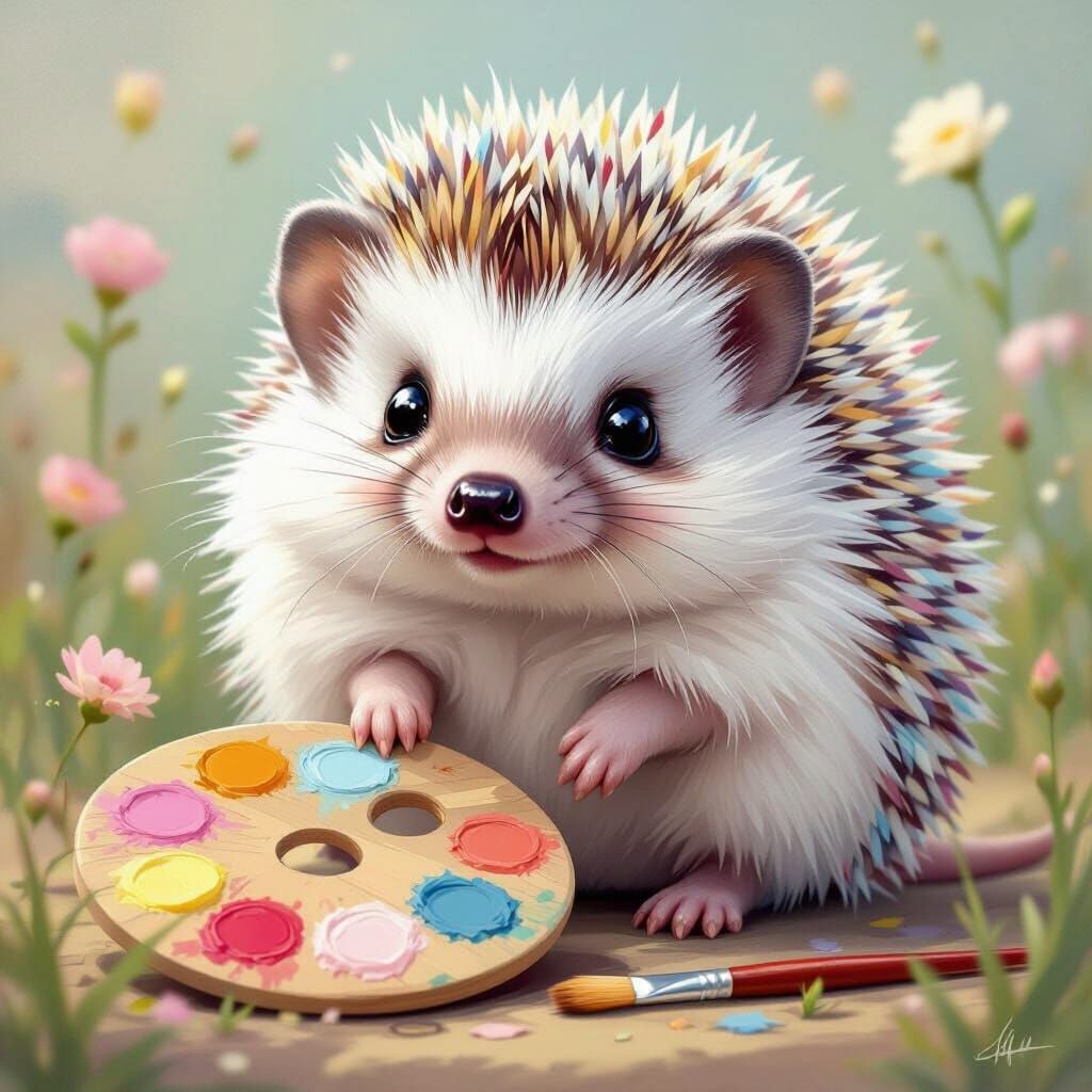 Chibi Hedgehog with Pastel Fur in Floral Garden