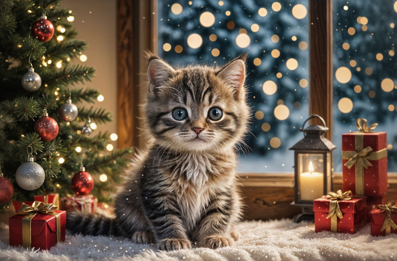 Fluffy Kitten in Cozy Christmas Setting with Fairy Lights