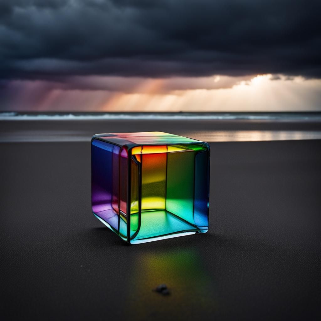 Rainbow Glass Cube on Macabre Dark Beach