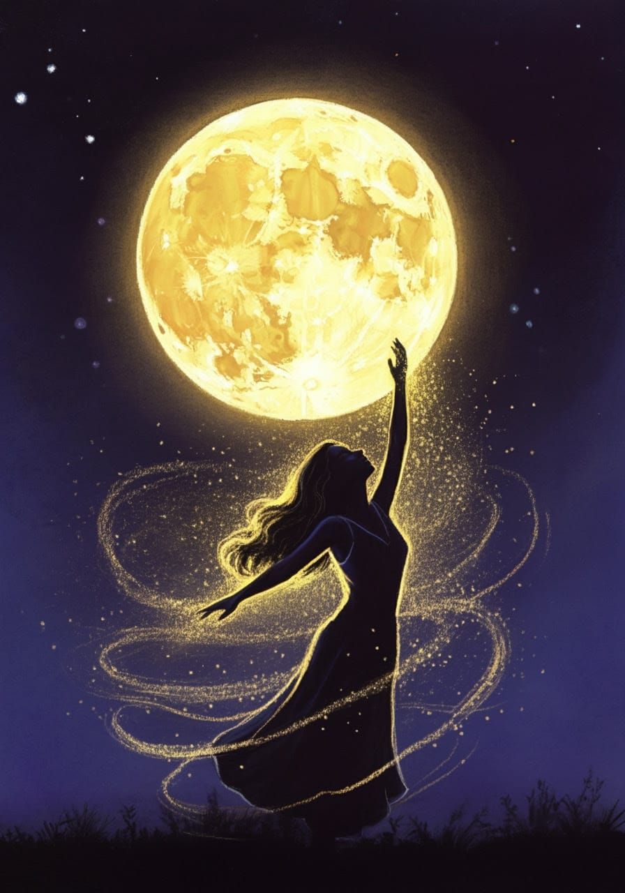Woman Reaches Towards Glowing Moon in Vibrant Pastel Illustr...