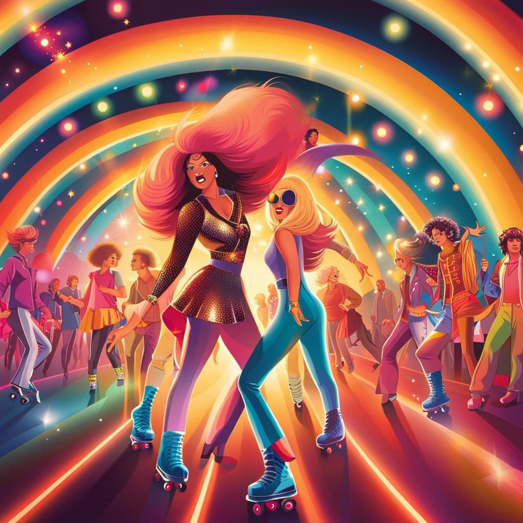 Retro Roller Disco Scene with Dazzling Disco Lights