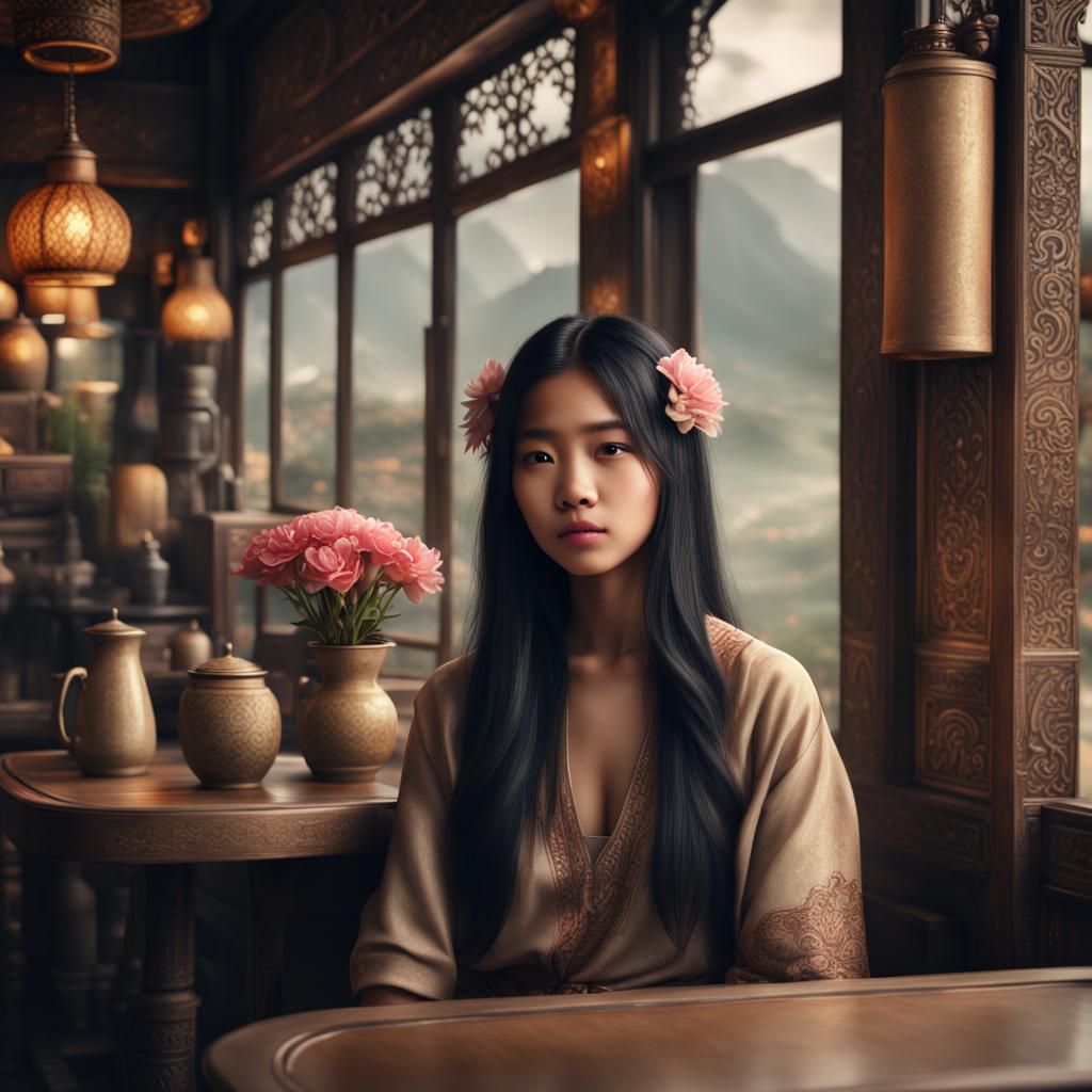 Thai Girl Resting in Cafe: Digital Matte Painting