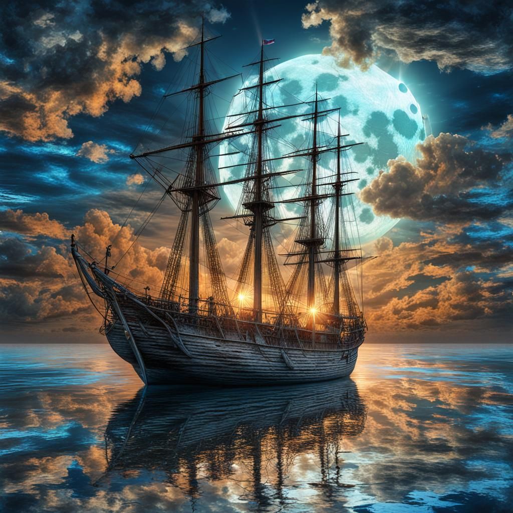 Moonlit Sailing Vessel in Holographic Astral Style