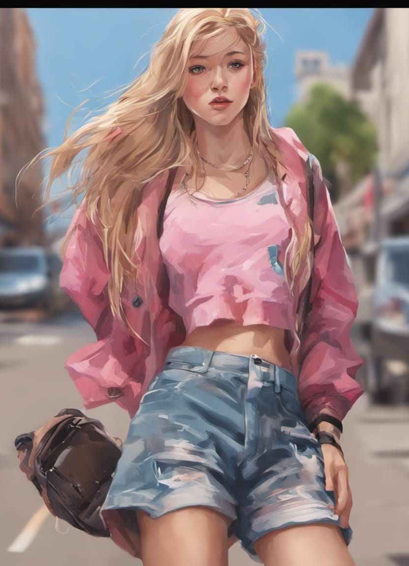 Woman in Street Art Style on Busy City Street