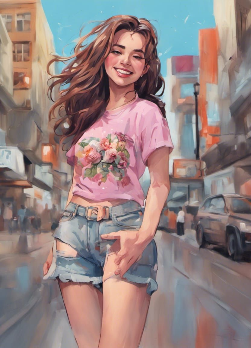 Woman in Pink Top on Busy Street, Splash Art Style