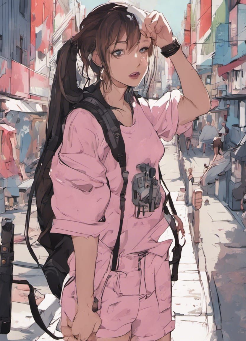 Woman in Pink on Busy Street, Graffiti Art Style