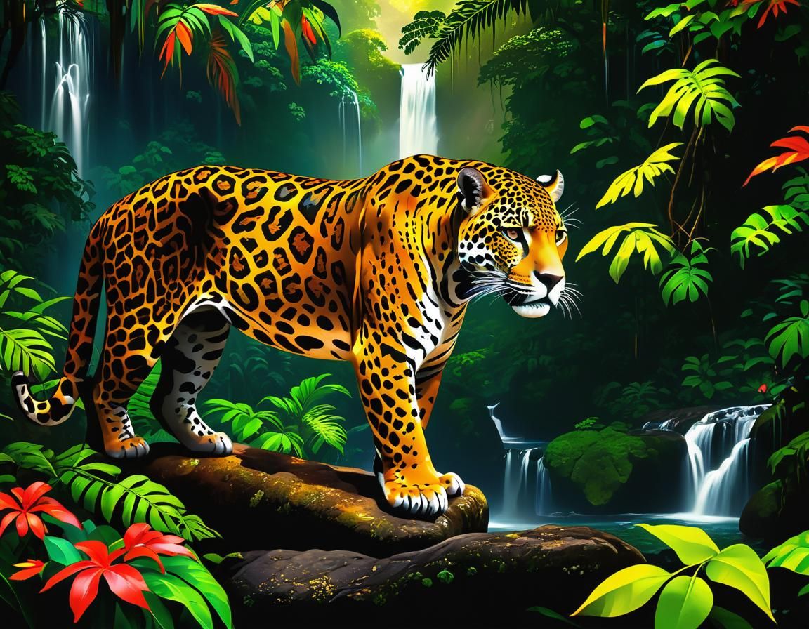 Jaguar in a Colorful Rainforest, Gauguin Style