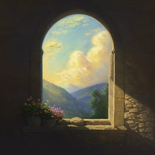 Heavenly Sunshine Beams Through Stone Window