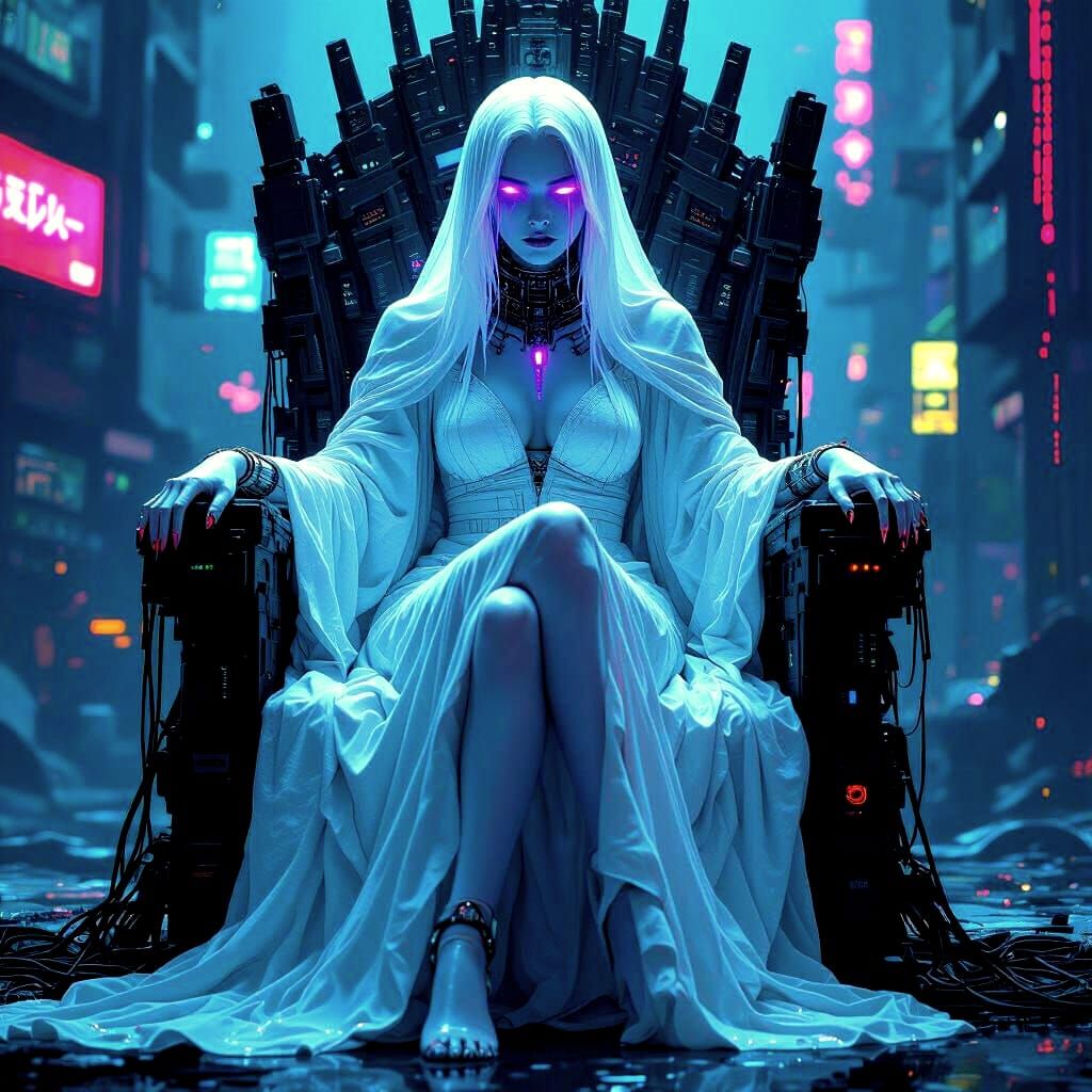 Biopunk Goddess on Throne of Discarded Electronics