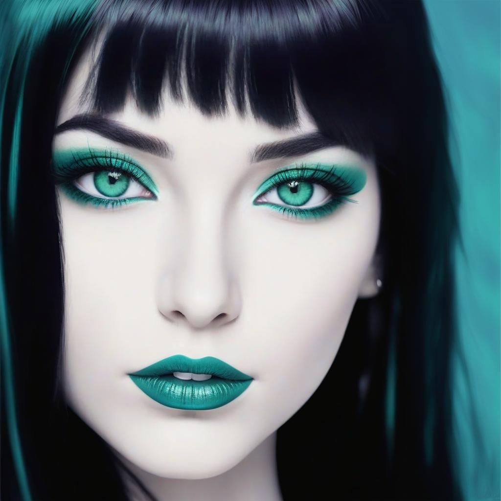 Beautiful young lady with black long hair with green eyes wi...