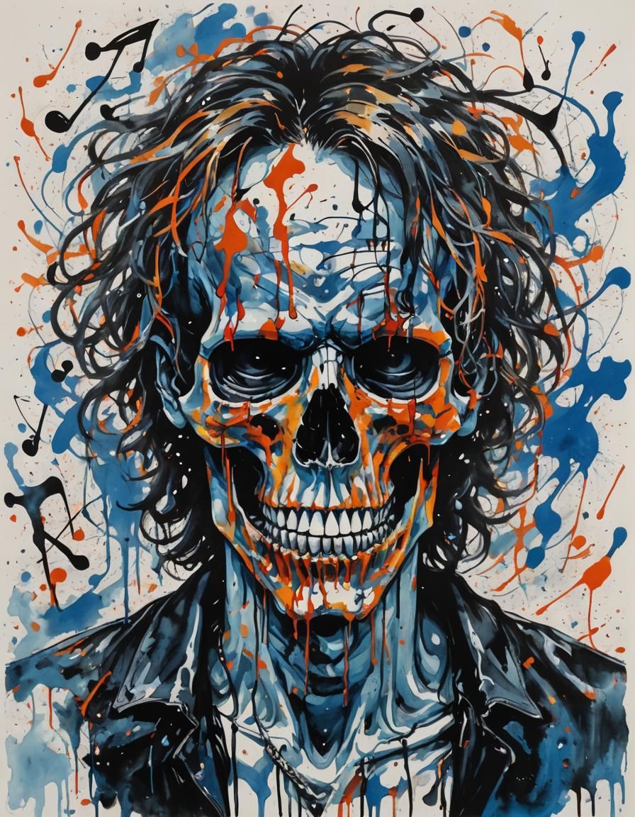 Skull Rockstar with Drippy Hair as Ink Painting