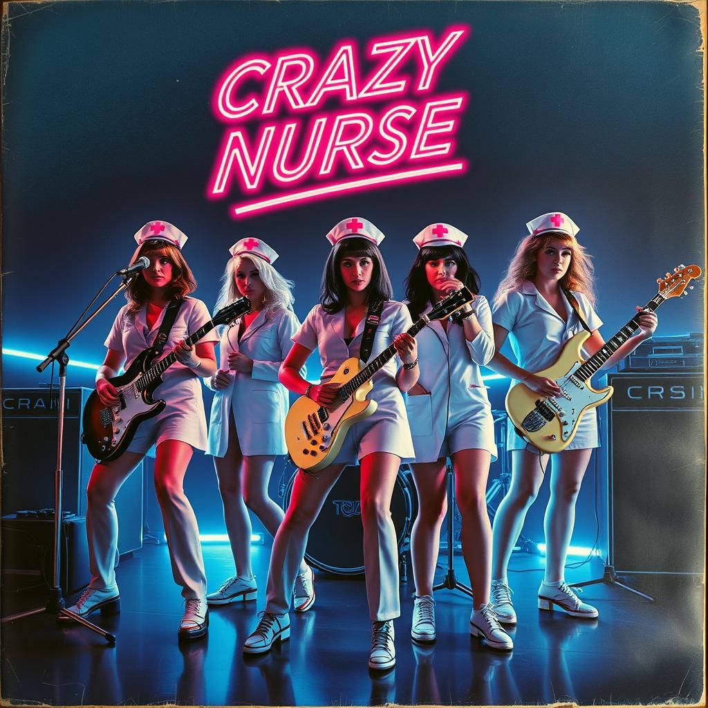 Vintage Rock Album Cover with Cyberpunk Nurses
